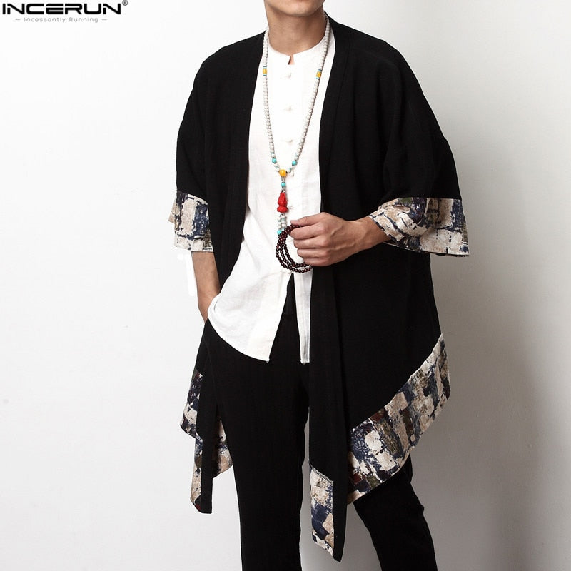 INCERUN Chinese Vintage Men's Cardigan Wide-Waisted Three Quarter Open Stitch Coat Jackets Plus Size S-5XL Tops Male Trench