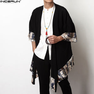 INCERUN Chinese Vintage Men's Cardigan Wide-Waisted Three Quarter Open Stitch Coat Jackets Plus Size S-5XL Tops Male Trench