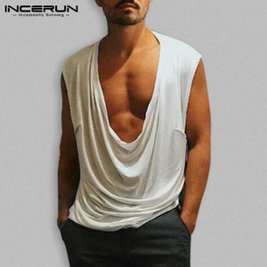 INCERUN Stylish S-5XL Casual Tank Tops Men Sleeveless Tee Pleated Deep V Neck Loose Fitness Bodybuilding Muscle Joggers Vest
